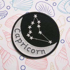 Capricorn Zodiac Sign Patch – Embroidered Iron-On Applique for Clothes, Jackets & Vests, Horoscope Constellation, Celestial Star Signs