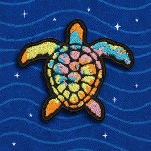 Tie Dye Turtle Patch Embroidered Iron-on/Sew-on Applique for Vest Jacket Clothing, Travel Souvenir, Ocean Wave, Sea Creatures, Tropical Fish