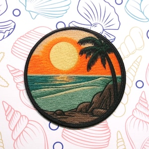 Sunrise Over The Beach Patch Iron-on/Sew-on Applique for Vest Jacket Clothing Backpack Tote Bag, Travel Souvenir, Ocean Wave, Palm Tree, DIY