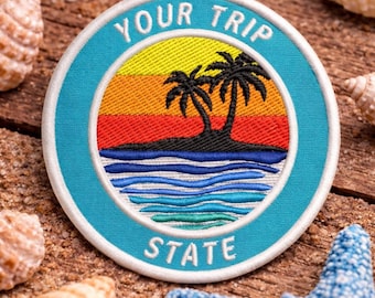 Aplique personalizado/Aplique termocolante/Ilha tropical personalizada com palmeiras/Aplique bordado para costurar em coletes/jaquetas, roupas, mochilas e bolsas.