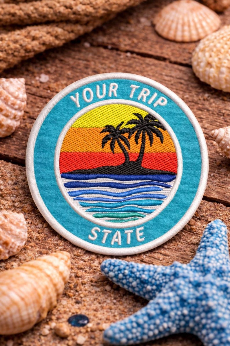 Custom Patch/Iron-On Patch/Personalized Tropical Island w/Palm Trees/Embroidered Sew-On Applique for Vest/Jacket, Clothes, Backpack Tote Bag image 1