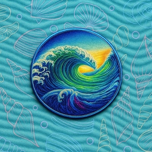 Wave Patch - Simple Beach - Ocean - Embroidered Iron On Patches Custom Applique Vest Jacket Clothing Backpack, Coconut Girl Fun Vacation
