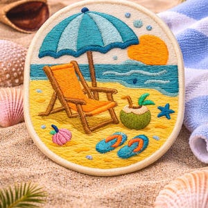 May include: Embroidered patch depicting a beach scene with a blue parasol, orange deckchair, and a setting sun. The design includes a coconut, flip-flops, and a starfish on a yellow sandy beach. The patch is round with a cream border.