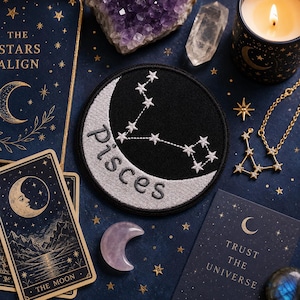 Pisces Zodiac Sign Patch/Iron-On Patch/Horoscope Constellation/Celestial Star Signs/ Astrology Gift/Embroidered Sew-On Applique for Clothing