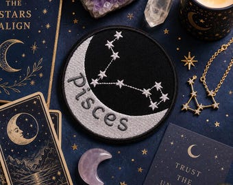 Pisces Zodiac Sign Patch/Iron-On Patch/Horoscope Constellation/Celestial Star Signs/ Astrology Gift/Embroidered Sew-On Applique for Clothing