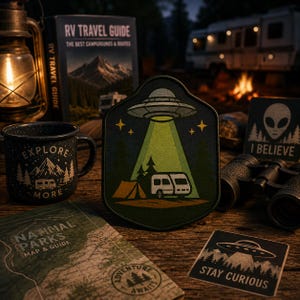 May include: A shield-shaped patch featuring a gray UFO beaming a bright green light onto a white camper and a brown tent in a forest. The patch is surrounded by a camping mug with the text Explore More, a National Parks map, and stickers.