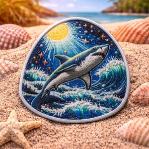 May include: Embroidered patch featuring a shark leaping from ocean waves under a starry night sky with a sun. The patch has a white border and is set against a sandy beach with seashells and a starfish.