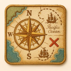 May include: Embroidered patch featuring a vintage map design with a compass rose, ships, and the text "Pacific Ocean." The map includes a red "X" marking a treasure location, with a tan background and a brown border.