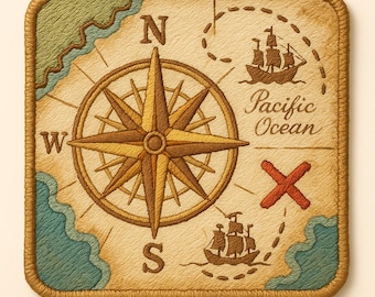 Iron-On Vintage Nautical Compass Map Patch/Sew-on Applique for Tote Bags/Backpacks/Clothing/Beach Vibes Patch/Coconut Girl, Fun Vacation