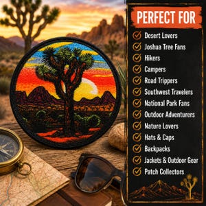 May include: A circular embroidered patch featuring a Joshua tree silhouette against a vibrant sunset with orange, yellow, and blue hues over desert mountains. The patch is displayed alongside a brass compass and dark sunglasses on a wooden surface.