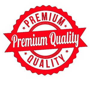May include: Red and white circular stamp with the text "Premium Quality" in a white banner and the words "Premium Quality" around the edge.