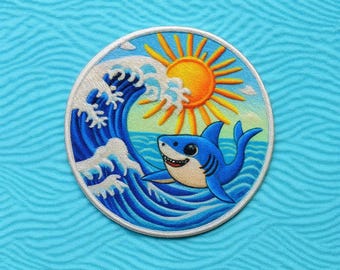 Parche de tiburón lindo/Parche termoadhesivo/Tiburón sonriente con olas del océano/Parches para niños/Apliques para coser en ropa, mochilas, bolsos, chalecos y chaquetas