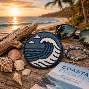 Puede incluir: Un parche bordado circular con un diseño de ola oceánica azul oscuro con detalles de espuma blanca. El parche se muestra junto a conchas marinas, una pulsera de cuentas con un dije de ola, gafas de sol y un libro titulado Coastal Escapes.