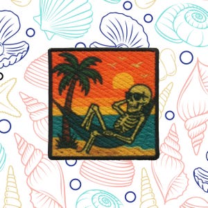 May include: Square patch featuring a skeleton in sunglasses relaxing in a hammock on a beach with a palm tree and sunset background. The patch has a black border and is set against a seashell pattern.