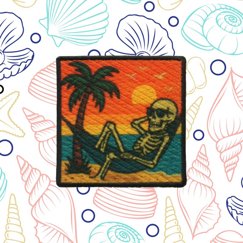 May include: Square patch featuring a skeleton in sunglasses relaxing in a hammock on a beach with a palm tree and sunset background. The patch has a black border and is set against a seashell pattern.