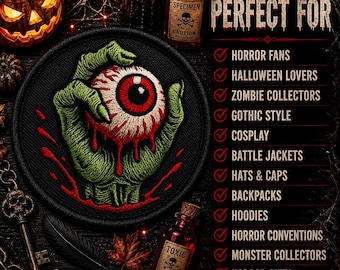 Zombie Hand Holding Eyeball Patch/Iron-On Patch/Horror-Punk Rocker Gift/Halloween Costume/Horror Movie Patches/Sew-On Applique for Clothing