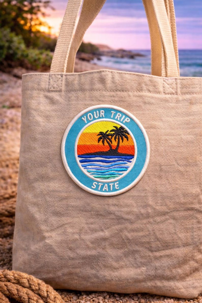 Custom Patch/Iron-On Patch/Personalized Tropical Island w/Palm Trees/Embroidered Sew-On Applique for Vest/Jacket, Clothes, Backpack Tote Bag image 2