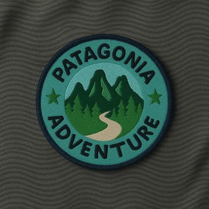 May include: Circular patch with the words "PATAGONIA ADVENTURE" in teal lettering. The patch features a mountain range, a winding path, and two green stars on a dark gray background. The patch is embroidered.