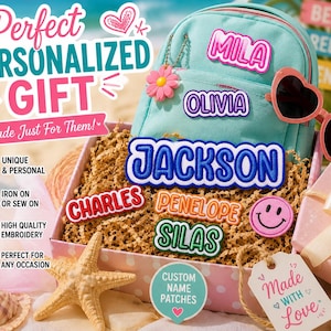May include: A light blue backpack with name patches, heart-shaped sunglasses, and a gift box. The patches display names like "Mila", "Olivia", and "Jackson". Text includes "Perfect Personalized Gift" and "Made With Love".
