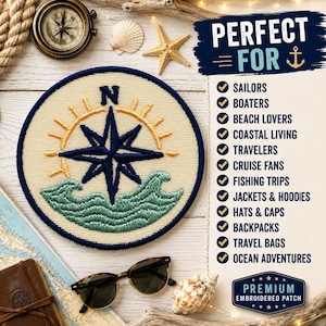 Compass Rose w/Ocean Waves/Iron-on Patch/Beach Vibe & Fun Vacation Gift/Sew-On Applique for Clothing Vest/Jacket Tote Bags Hats Backpack