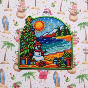 Christmas at the Beach Patch Iron-on/Sew-on Applique for Vest Jacket Clothing Backpacks Tote Bags, Festive Patch, Santa's Elves, Snowman