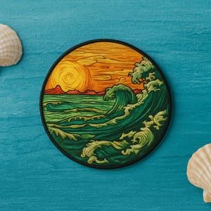 Wave Patch - Simple Beach - Ocean - Embroidered Iron On Patches Custom Applique Vest Jacket Clothing Backpack, Coconut Girl Fun Vacation