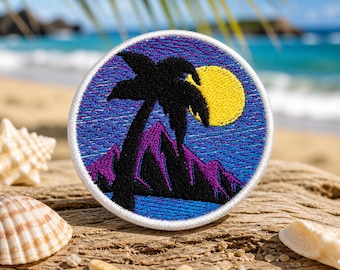 Palm Tree Sunset Scene Patch/Iron-On Patch/Coconut Girl Beach Gift/Embroidered Sew-on Applique for Clothing Jacket Hat Tote Bag Backpack