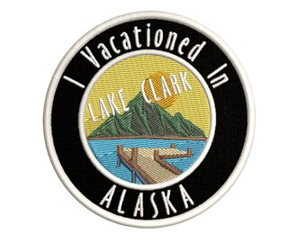 Mountain Dock Scene - I Vacationed In Alaska - Lake Clark - 3.5" Iron/Sew-On Embroidered / Souvenir Patches for Jackets Bags DIY