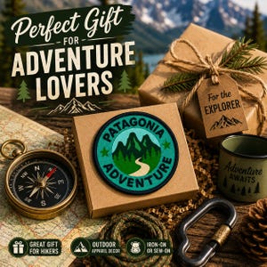 May include: An assortment of outdoor adventure-themed gifts. Includes a compass, a patch with a mountain design, a wrapped gift with a tag that says "For the Explorer", and a mug that says "Adventure Awaits". The image also includes the text "Perfect Gift for Adventure Lovers".