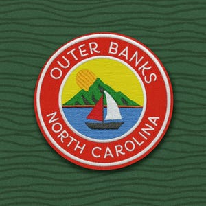 Outer Banks North Carolina Patch/Iron-On Patch/Mountain Sailboat Scene/Coastal Souvenir/Embroidered Sew-On Applique for Clothing Backpacks