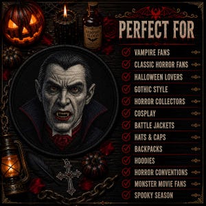 May include: A circular embroidered patch featuring a detailed portrait of a vampire with sharp fangs and a high-collared cape. The image includes text listing uses like vampire fans, horror collectors, and cosplay, alongside a lantern and pumpkin.