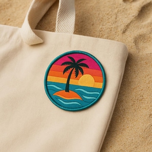 Iron-On Island Escape Patch/Ocean Wave Patch/Sew-on Applique for Tote Bags/Backpacks/Clothing/Beach Vibe Patch/Beach Adventure/Palm Tree