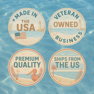 Peut inclure: Quatre autocollants circulaires sur le th&egrave;me de la plage. Les autocollants ont une palette de couleurs bleu clair et beige. Le texte sur les autocollants comprend "Made in the USA", "Veteran Owned Business", "Premium Quality" et "Ships from the US".