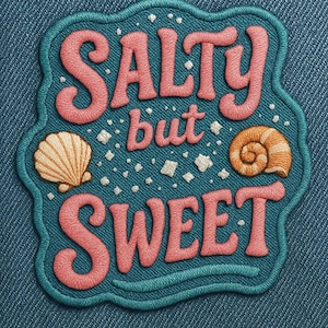 May include: Embroidered patch with the phrase "Salty but Sweet" in pink lettering, outlined in teal. The patch features seashell and spiral designs, and is set against a blue denim background.