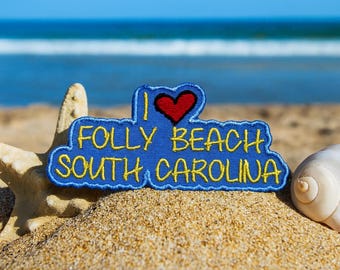 I Love Folly Beach Patch/Iron-On Patch/South Carolina Coastal Souvenir/Embroidered Applique Iron-On for Clothing, Vest/Jacket, Hats Backpack