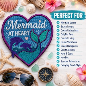 Mermaid at Heart Patch/Iron-On Patch/Beach Vibes/Coconut Girl Fun Vacation/Ocean Waves/Sew-on Applique for Clothing Tote Bag Backpack