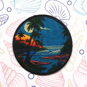 Ocean Patch Iron-on/Sew-on Applique for Vest Jacket Clothing Backpack Tote Bags, Sunset, Palm Trees, Travel Souvenir, Nature, Beach, DIY