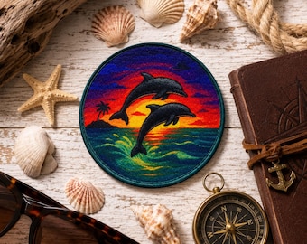 Iron-On Dolphins at Sunset Patch/Ocean Waves Patch/Sew-on Applique for Tote Bag/Backpack/Clothing/Beach Vibe Patch/Coconut Girl/Fun Vacation