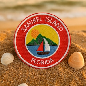 Sanibel Island Florida Patch/Iron-On Patch/Mountain Sailboat Scene/Travel Lovers/Embroidered Sew-On Applique for Vest, Clothing, Backpack