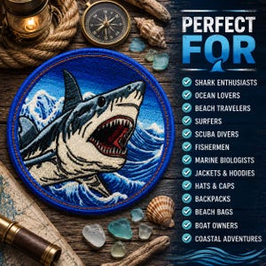 Great White Shark Patch/Iron-On Patch/Jaws Inspired/Ocean Predator/Surfer & Diver Gift/Sew-On Applique for Clothing Vest/Jacket Hat Backpack