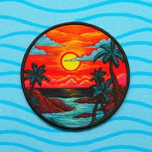 Toppa da stirare/da cucire a forma di oceano per gilet, giacche, zaini, borse, stemma naturalistico, tramonto e palme, souvenir da viaggio