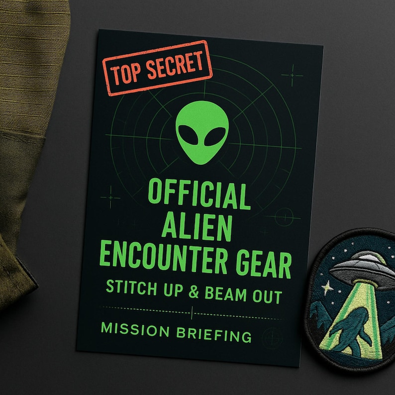 May include: A dark green card with the words "TOP SECRET" in a red rectangle. The card features a green alien head graphic and the text "OFFICIAL ALIEN ENCOUNTER GEAR". A patch with a UFO and a creature is also visible.