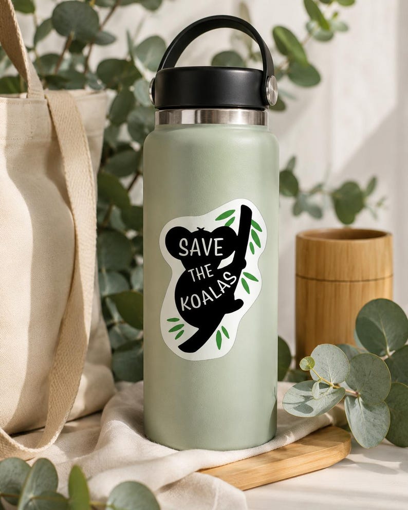 May include: A light green water bottle with a black handle and lid. A white sticker with a black koala silhouette and the text "Save the Koalas" is affixed to the bottle. Green leaves accent the koala and text.