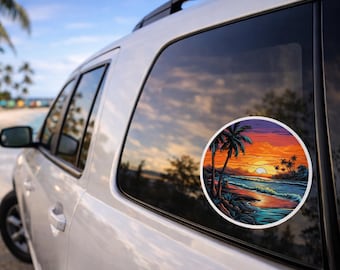 Beach Sunset Sticker Decal, Window Bumper Vehicle Waterproof Vinyl Sticker, Water Bottle Laptop Decal, Palme Trees, Sand, Travel Souvenir
