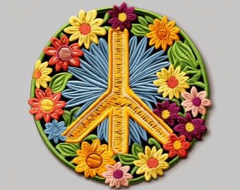 Peace Sign Patch Iron-on/Sew-on Custom Applique for Vest Jacket Denim Clothing Backpack, Decorative Badge, Flower Daisy Boho Hippie Retro