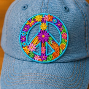 K&ouml;nnte beinhalten: Hellblaue Jeans-Baseballkappe mit einem farbenfrohen, gestickten Peace-Zeichen. Das Peace-Zeichen ist von einem Kranz aus Blumen in Lila, Gelb, Orange und Rosa umgeben. Die Kappe hat einen gebogenen Schirm und einen Knopf oben.