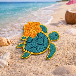 Sea Turtle with Hibiscus Patch/Iron-On Patch/Coconut Girl & Fun Vacation Gift/Beach Vibe/Sew-On Applique for Tote Bag Clothing Backpack