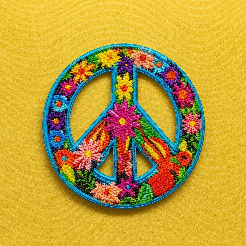 May include: A circular embroidered patch featuring a peace sign symbol. The design is composed of various colorful flowers in shades of pink, yellow, orange, purple, and blue, all outlined with a bright blue border against a dark background.