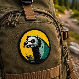 Op de afbeelding: Olijfgroene rugzak met bruine riemen en een ronde patch. De patch toont een fretillustratie op een gele achtergrond, met groene, zwarte en witte details. De rugzak heeft meerdere ritsen en riemen.