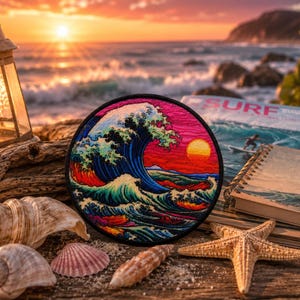May include: A circular embroidered patch featuring a stylised ocean wave in shades of blue, teal, and white against a vibrant sunset background with a bright orange sun, framed by a solid black border, showcasing intricate thread work and detail.